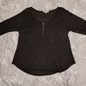 Green Envelope Women's 1X Speckled Black Knit 3/4 Sleeve Zip Front Tunic Top